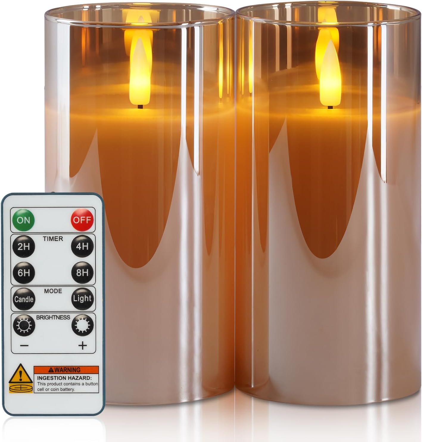 5plots Glass Battery Operated White Flameless Candles with Remote Timer, 3D Wick Real Wax Pillar Led Candles Warm Flickering Light for Indoor Home, Halloween, Christmas Decor, Set of 3, D3 x H4 5" 6"