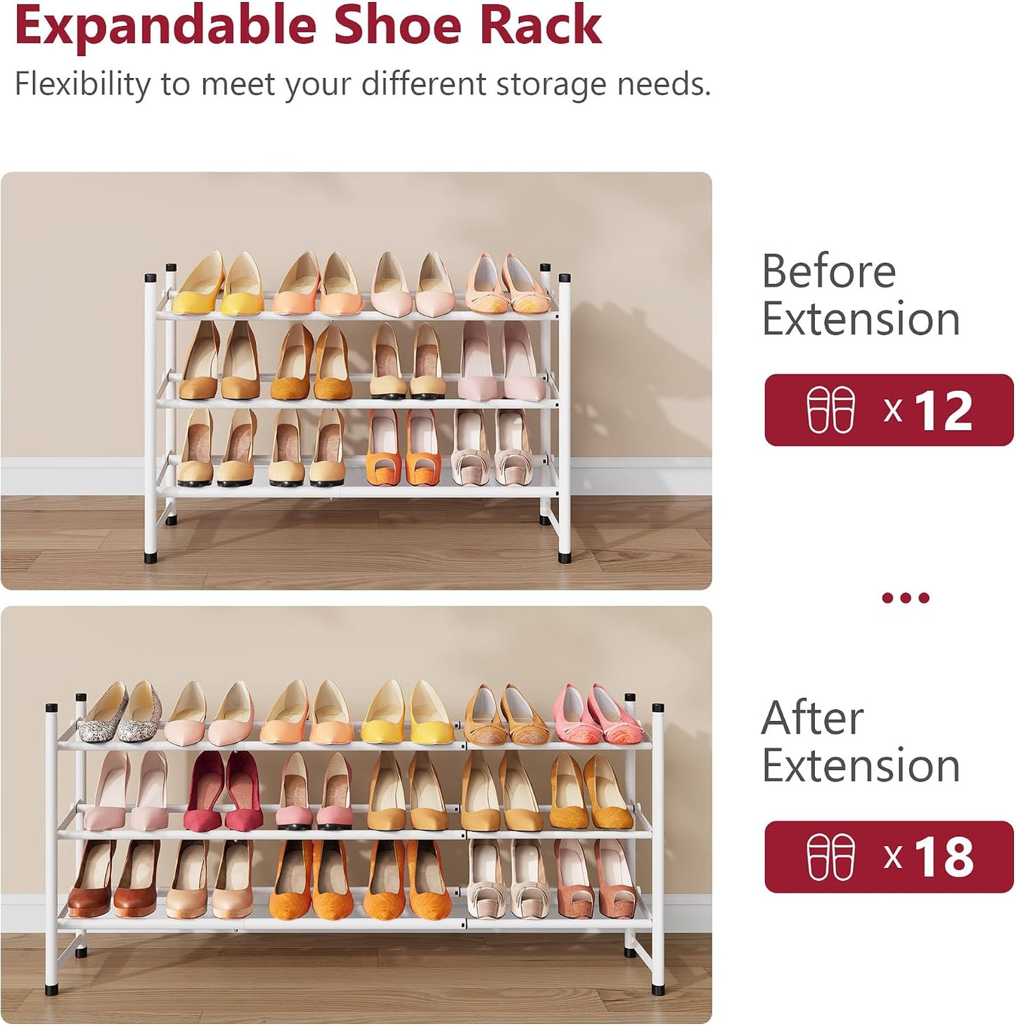 Tajsoon Expandable Shoe Rack for Closet 3 Tier, 28“-41“Adjustable & Stackable Shoe Shelf Storage, Metal Shoe Rack Organizer for Front Door Entrance, Closet, Garage, Entryway, Black