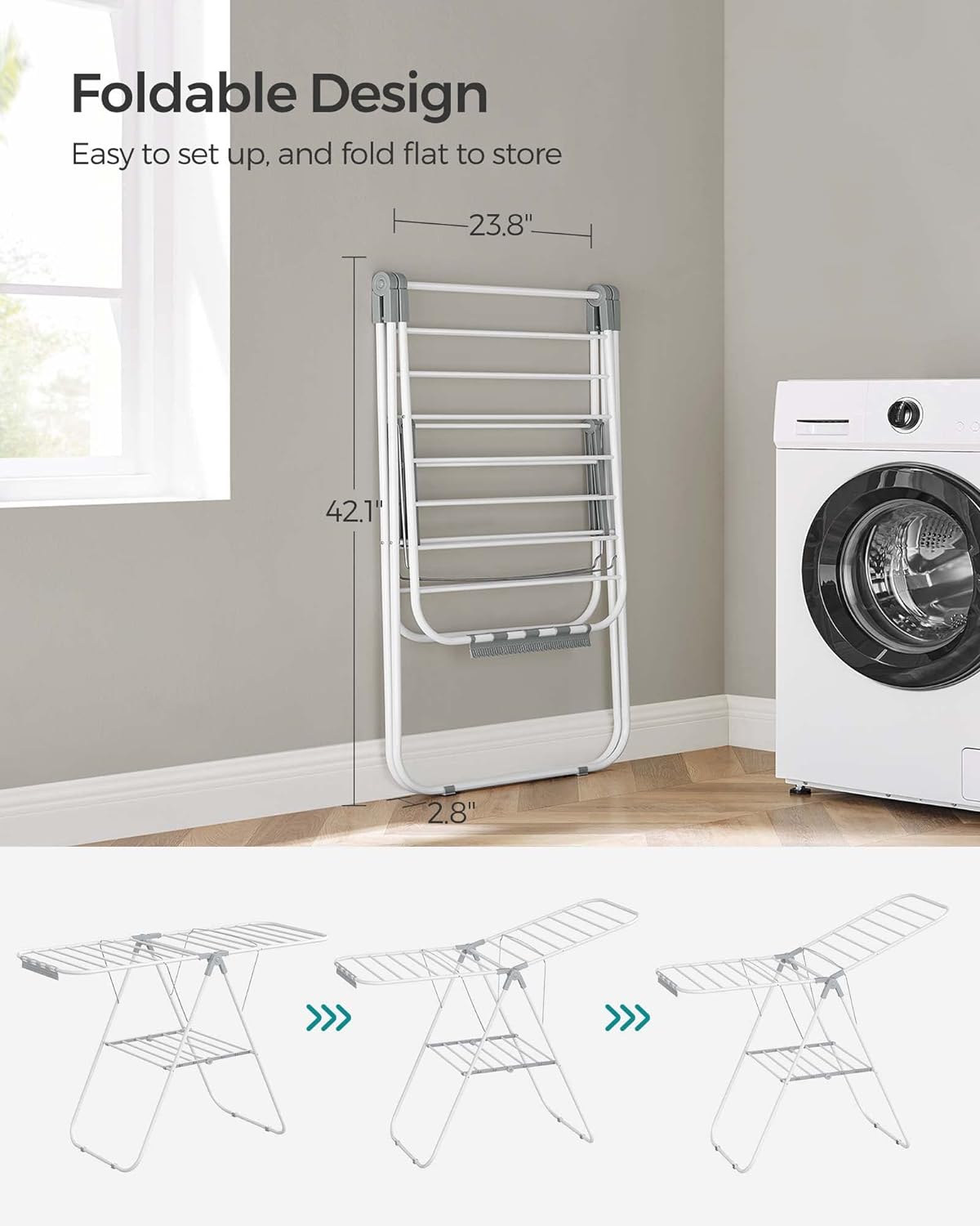 SONGMICS Clothes Drying Rack, with Sock Clips, Metal Laundry Rack, Foldable, Space-Saving, Free-Standing Airer, with 2 Height-Adjustable Gullwings, Indoor Outdoor Use, Gray ULLR052G01