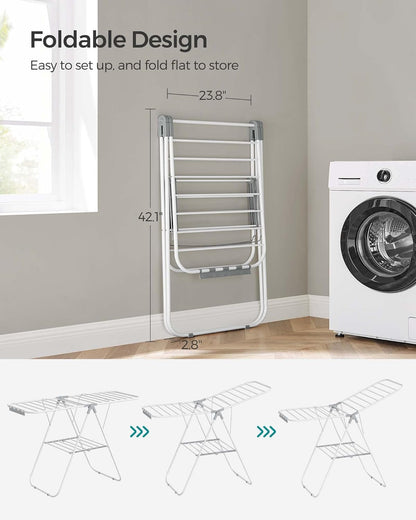SONGMICS Clothes Drying Rack, with Sock Clips, Metal Laundry Rack, Foldable, Space-Saving, Free-Standing Airer, with 2 Height-Adjustable Gullwings, Indoor Outdoor Use, Gray ULLR052G01