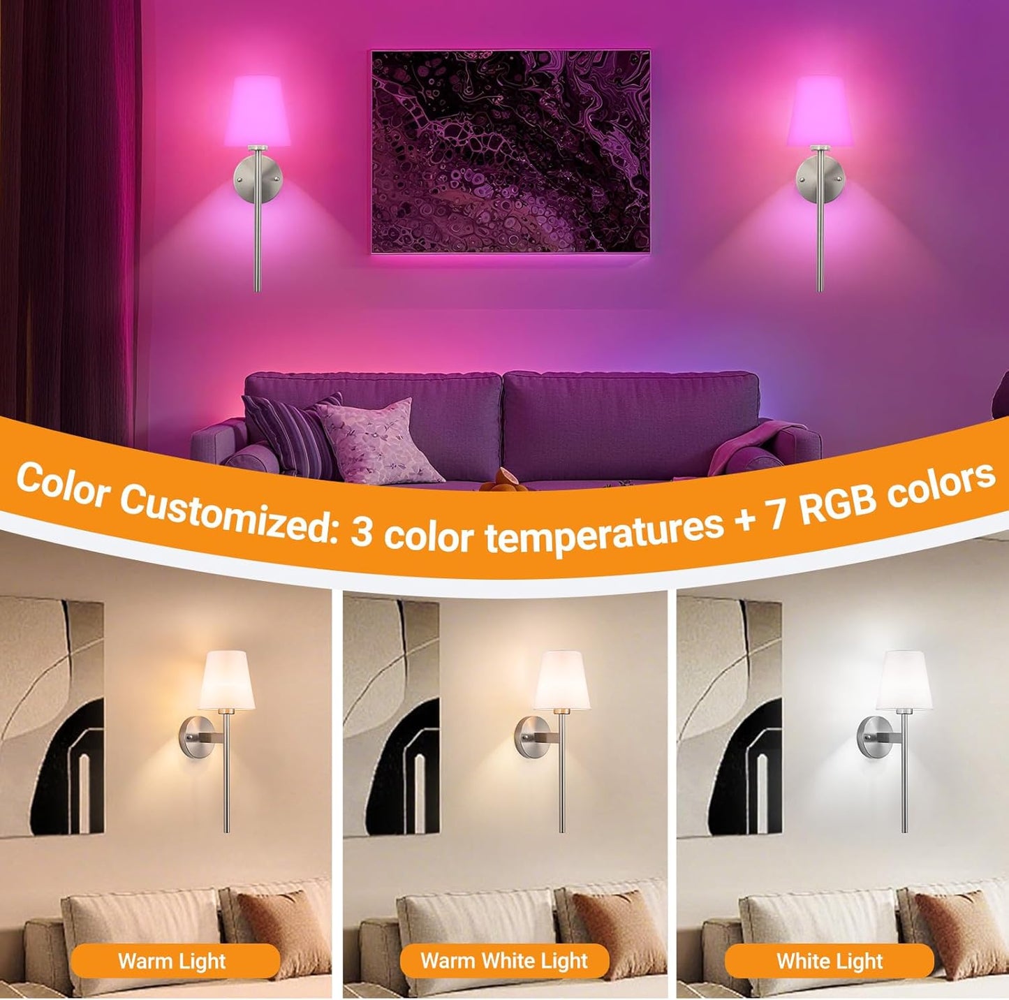 Nekhung Battery Operated Wall Sconces Set of Two, Wireless Battery Wall Light with 10000mAh RGB Dimmable Magnetic Bulb and Remote, Rechargeable Sconce Wall Decor for Bedroom Living Room Hallway