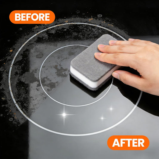 3-in-1 Stove Top and Oven Cleaner Kit - Glass Cooktop Cleaner for Ceramic Electric Gas & Induction Stoves - Includes Heavy Duty Scraper and Double-Sided Sponges for Burnt-on Grease, Oil & Grime