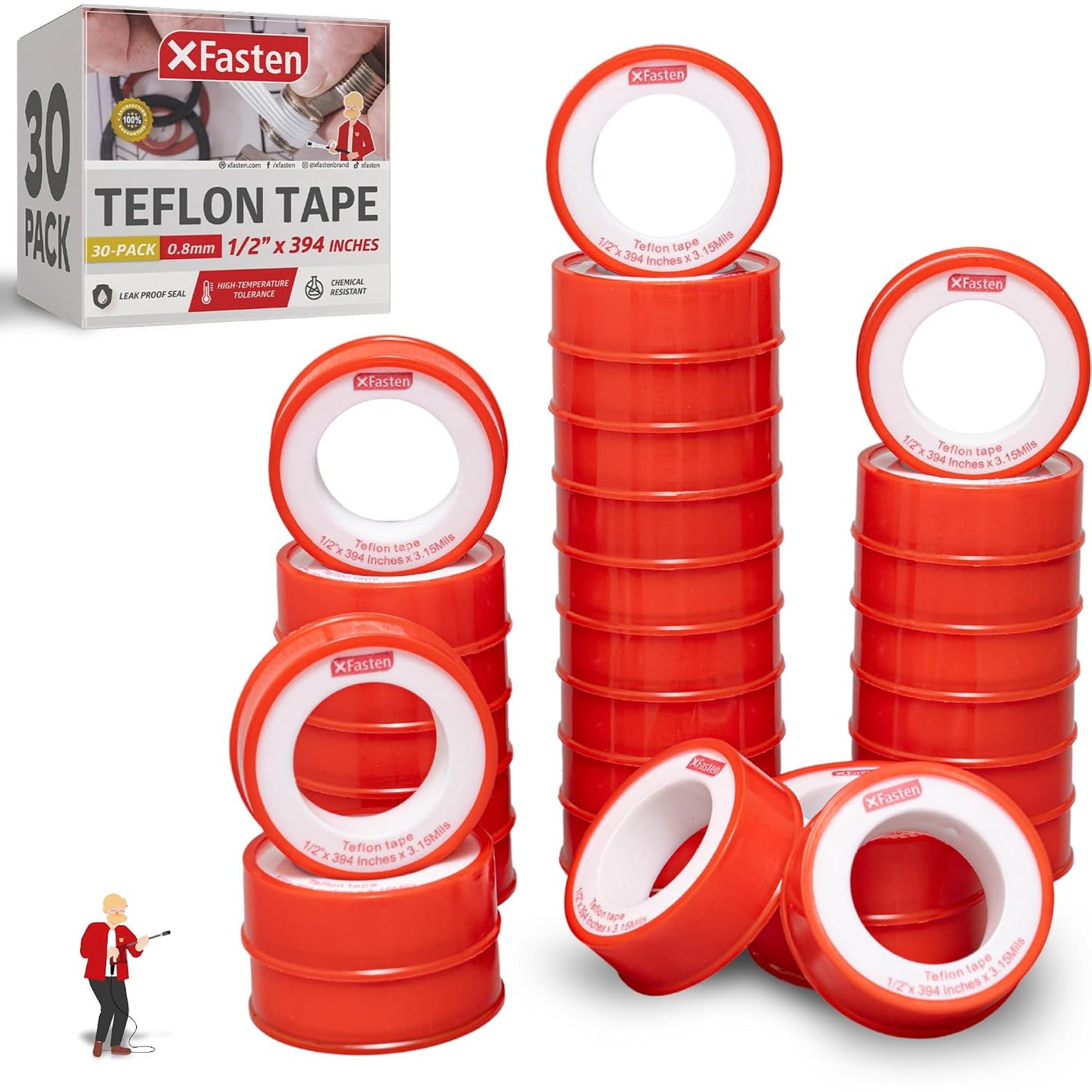 XFasten Teflon Tape for Plumbing, 1/2 Inch x 394 Inches (30-Pack, 19,700" Total) – PTFE Plumbers Tape for Shower Head, Pipe Thread Seal, Garden Hose, and Leak Repairs – Watertight Sealing