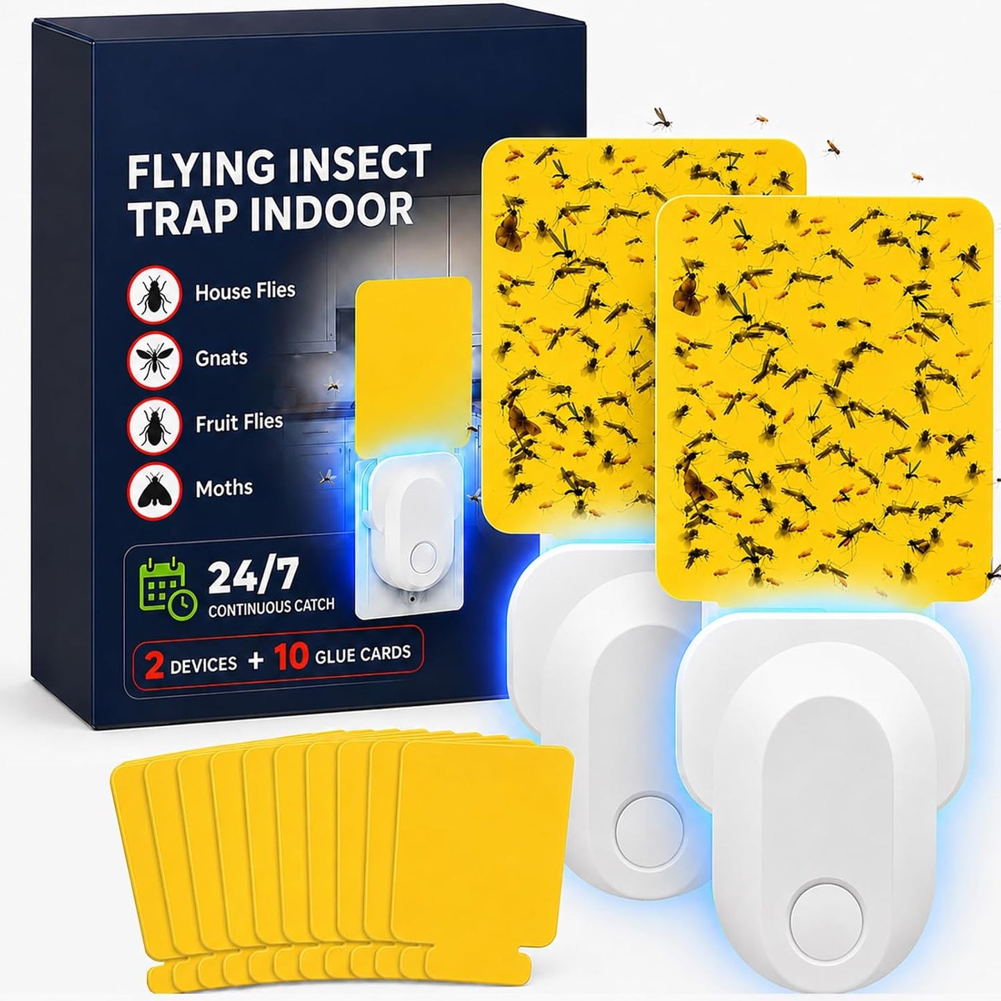 Flying Insect Trap Indoor Plug in, UV Light Fly Trap for Home | with 10 Sticky Glue Cards to Catch Fruit Flies, Gnats & Moths, Quiet Odor-Free Bug Catcher for Kitchen, Bedroom,Living Spaces