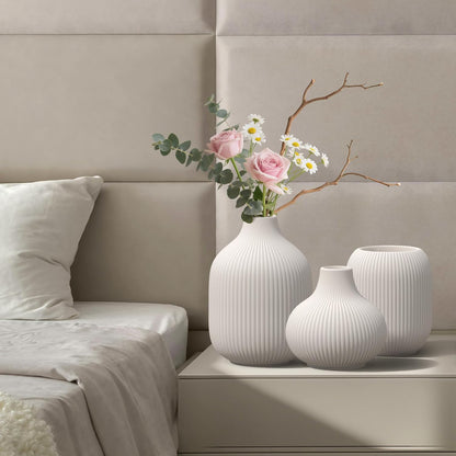White Ceramic Flower Vases Set of 3, Modern Matte Vertical Ribbed, Nordic Minimalist Decor for Pampas, Dried & Fresh Flowers, Centerpiece for Living Room, Shelf, Entryway, Wedding,Office