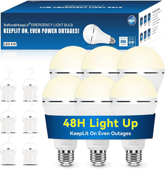 BoRccdit A21 6PK Emergency-Rechargeable-Light-Bulb, Keep Lighting During Power Outage, 12W 6500K LED 65W Equivalent Light Bulbs, 1200 mAh Battery Backup Light Bulbs for Home Power Failure