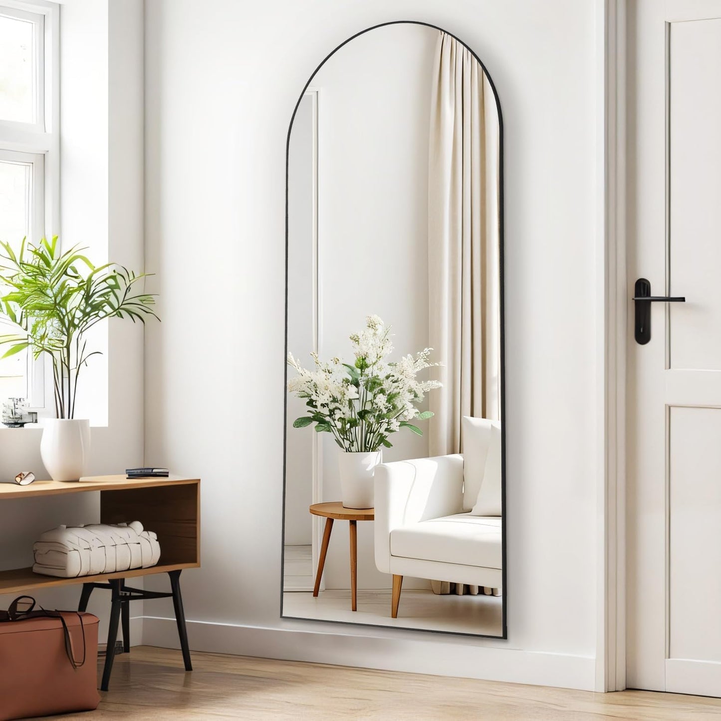 Arched Mirror Full Length, Upgraded 16"x59" Body Wall Mirrors with Shatter-Proof Glass, Floor Standing, Hanging or Leaning, Tall Arch Mirror with Stand Aluminum Alloy Frame for Bedroom, Black
