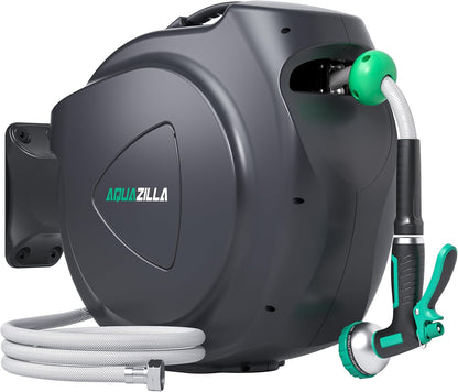 Retractable Garden Hose Reel, 65FT +6FT 5/8" Durable Wall Mounted Water Hose Reel with 180° Swivel Bracket, 9 Pattern Sprayer, 6Ft leader hose,Smooth Automatic Rewind, Any Length Lock.