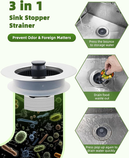 All Metal Sink Drain Strainer for Kitchen Sink, Universal Fit | Pop Up 3-in-1 Sink Stopper Drainer, 304 Stainless Steel Basket for US Standard 3-1/2 inch Drain Filter, Anti-clog