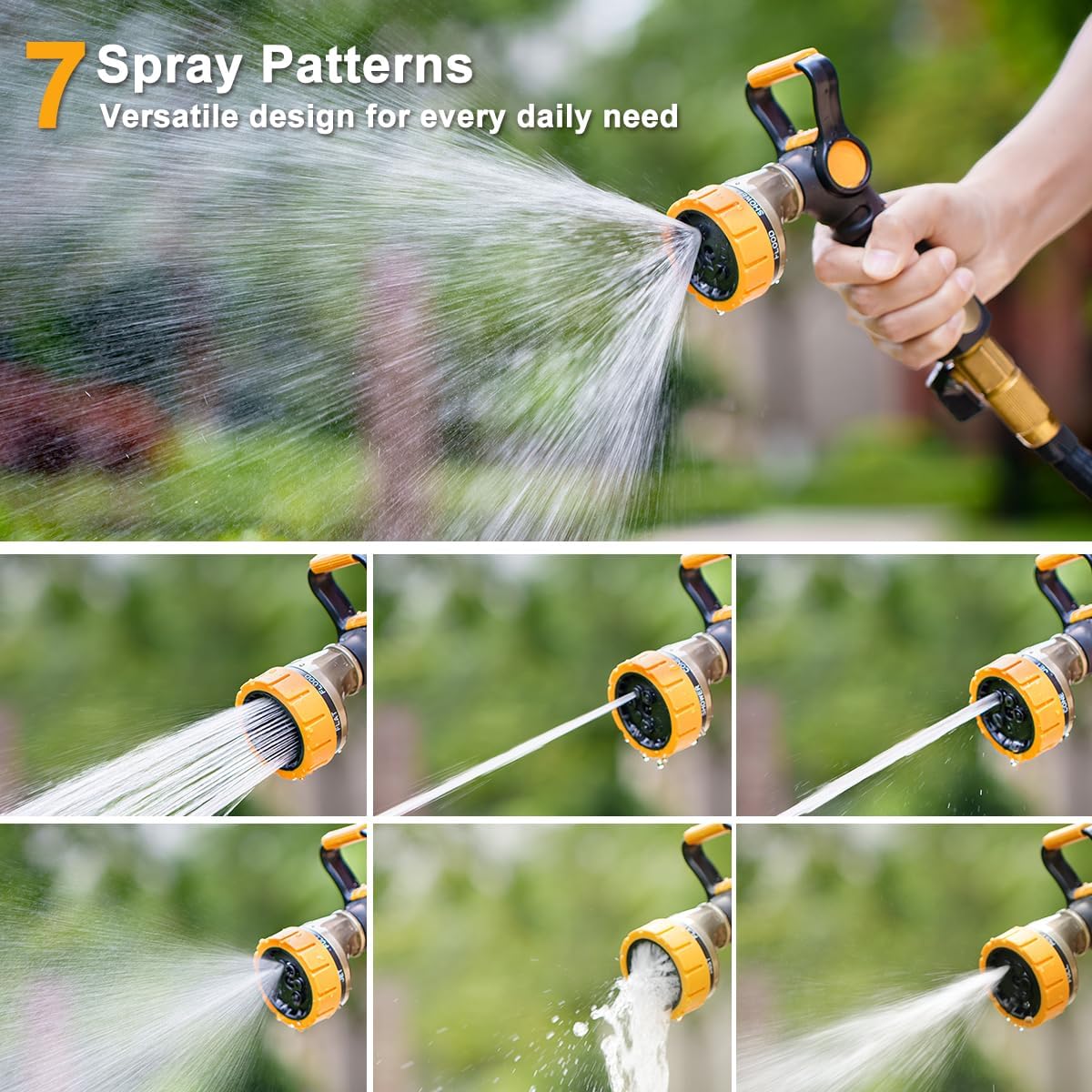 FANHAO Fireman-Style Garden Hose Nozzle, Heavy-Duty Metal Water Hose Sprayer with Lever Control & Thumb Control, 7 Spray Patterns, High-Pressure Water Nozzle for Lawn Watering, Car & Pet Washing