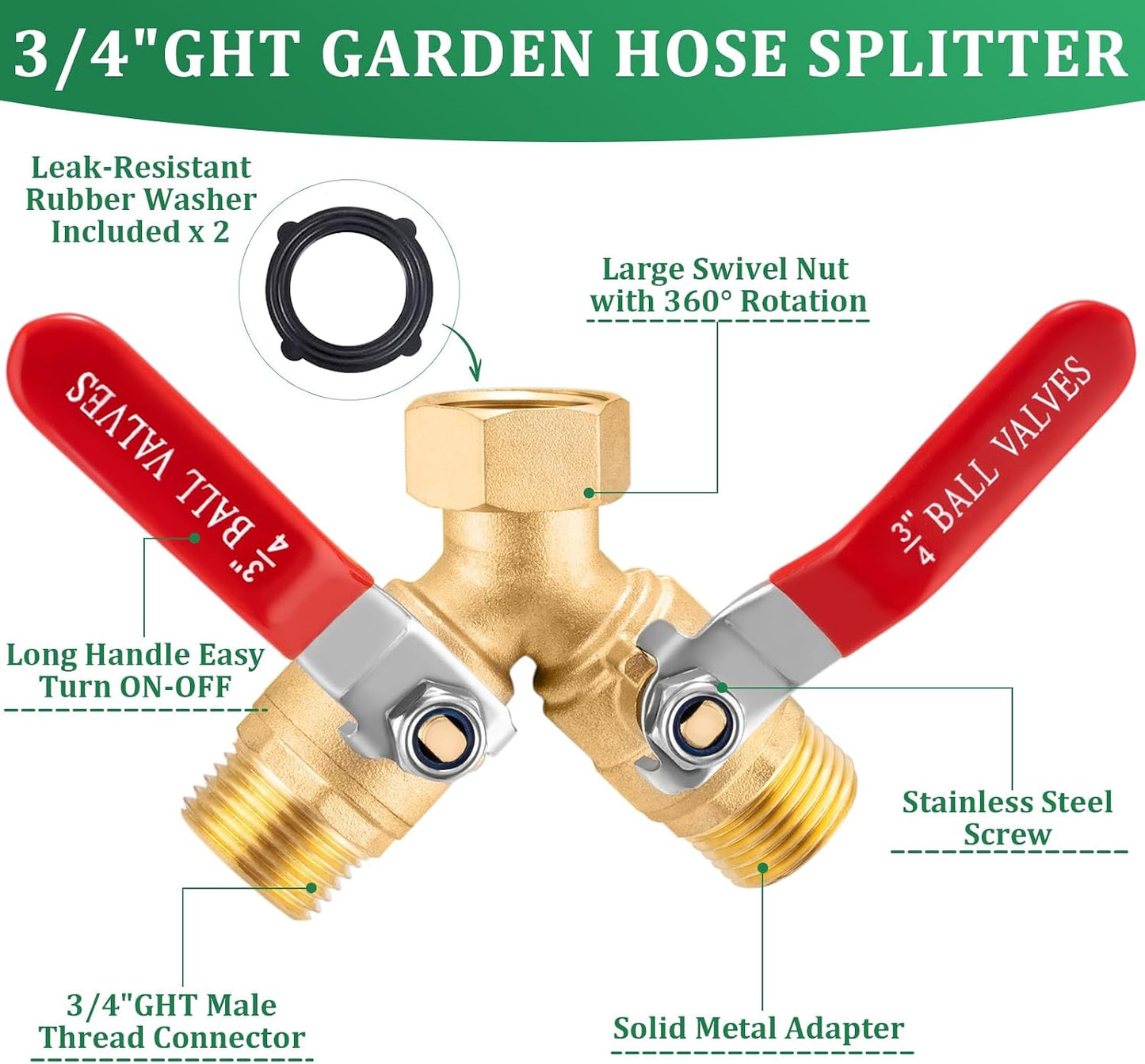 Garden Hose Splitter 2 way Heavy Duty, Brass Water Hose Splitter High Flow With Long Handle, 3/4 Inch Garden Hose Y Valve Garden Splitter, Full Flow Y Valve Hose Splitter With Wrench
