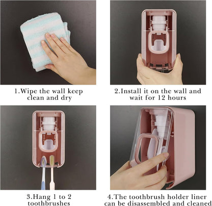 2 Slot Toothbrush Holder and Toothpaste Dispenser Wall Mounted, Automatic Toothpaste Squeezer, 2 in 1 Tooth Brush Toothpaste Organizer for Shower (Grey)
