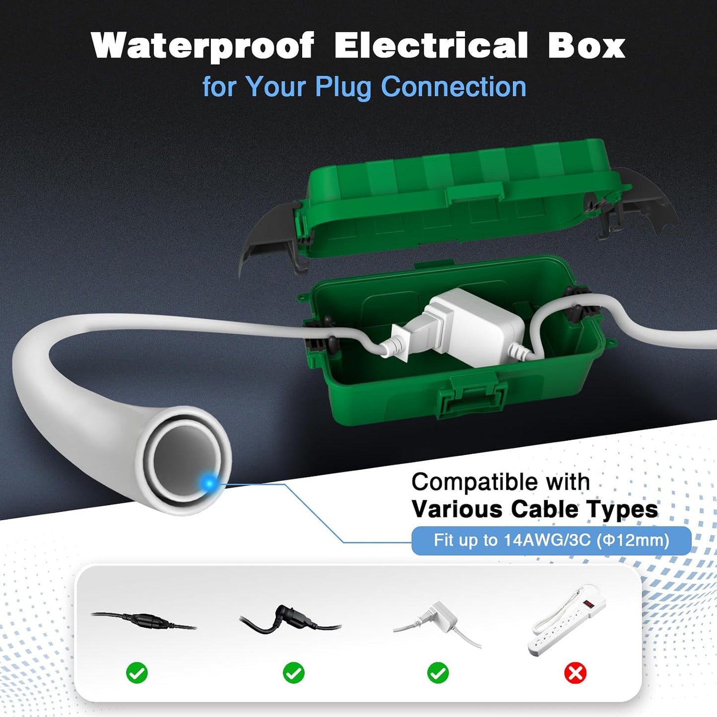 FLEMOON IP55 Outdoor Electrical Box Waterproof with Detachable Awning Covers, 7.1 * 3.9 * 2.4 inch Weatherproof Extension Cord Cover, Easy Installation for Outdoor Plug, Outlet, String Lights, Black