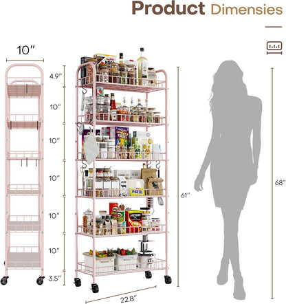 Slim Rolling Storage Cart with Wheels, Metal 6 Tier Spice Rack Mobile Shelving Unit Organizer Kitchen Utility Cart for Office Bathroom Kitchen Laundry Room Narrow Places (6inches)