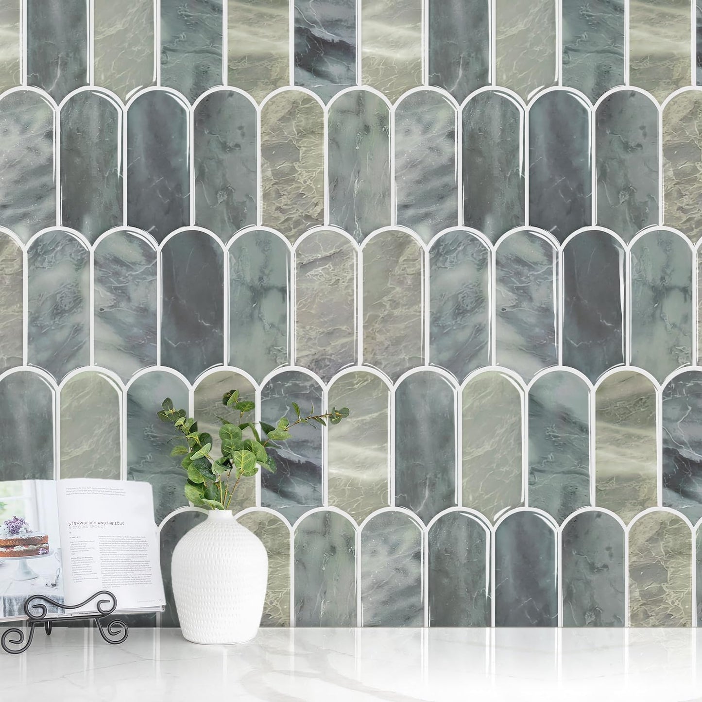 Vamos Tile Upgraded Thicker Design Peel and Stick Backsplash Tile, Self Adhesive Vinyl Wall Tiles, Stick on Backsplash for Kitchen, Bathroom, RV,Pantry,10-Sheet Grayish Blue Marble with White Grout