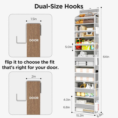 6 Tiers Over The Door Organizer, Heavy Duty Hanging Organizer Storage with Large Capacity Pockets, Behind Door Storage Hanging Shelves for Closet Wall Bathroom Bedroom Nursery Pantry, 1 Pack Grey