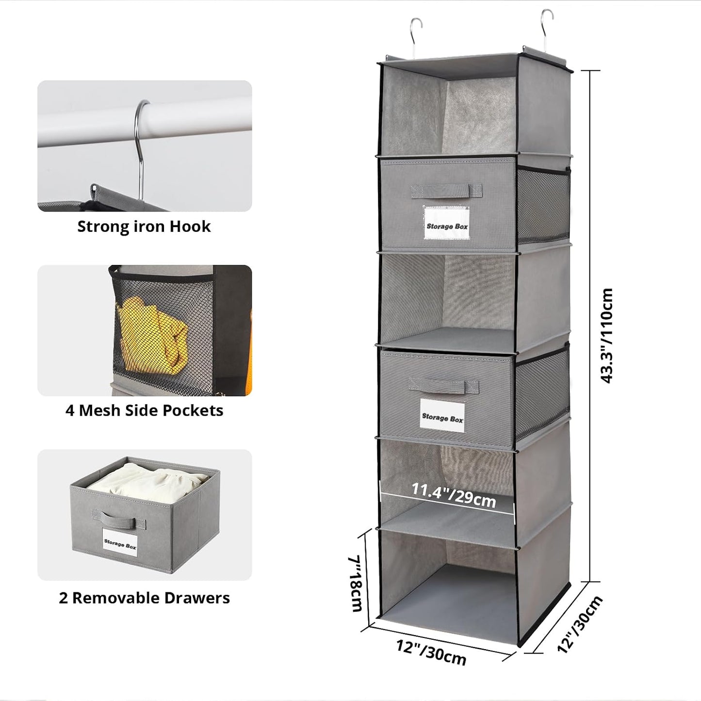 BrilliantJo 2 Pack Hanging Closet Organizer, 5 Shelves Hanging Storage with 6 Side Pockets for Clothes Shoes, 43"x12"x12"(Black)
