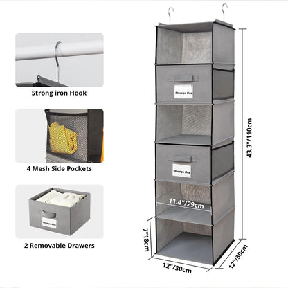 BrilliantJo 2 Pack Hanging Closet Organizer, 5 Shelves Hanging Storage with 6 Side Pockets for Clothes Shoes, 43"x12"x12"(Black)