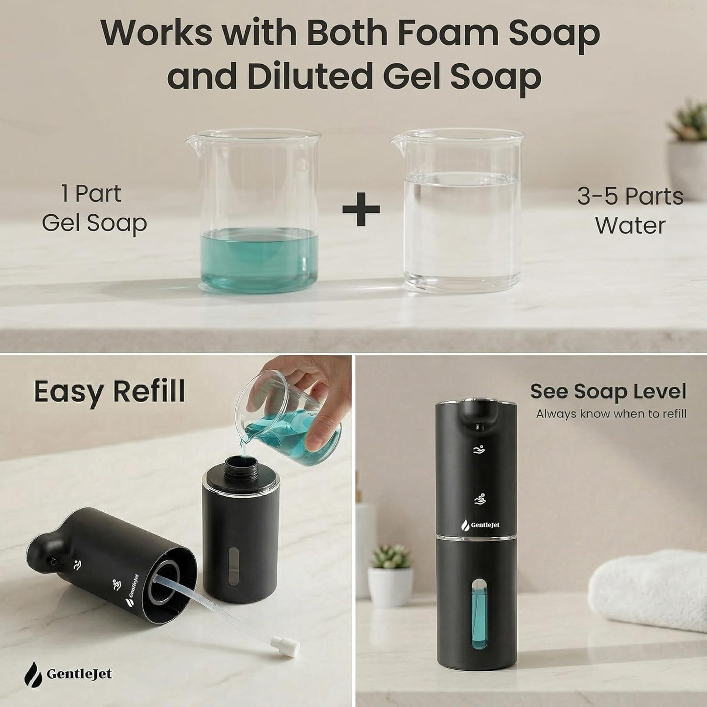 GentleJet JetFoam Automatic Foam Soap Dispenser – Touchless Sensor, USB-C Rechargeable, Adjustable Output, IPX5 Waterproof, 300 ml, Bathroom & Kitchen Countertop