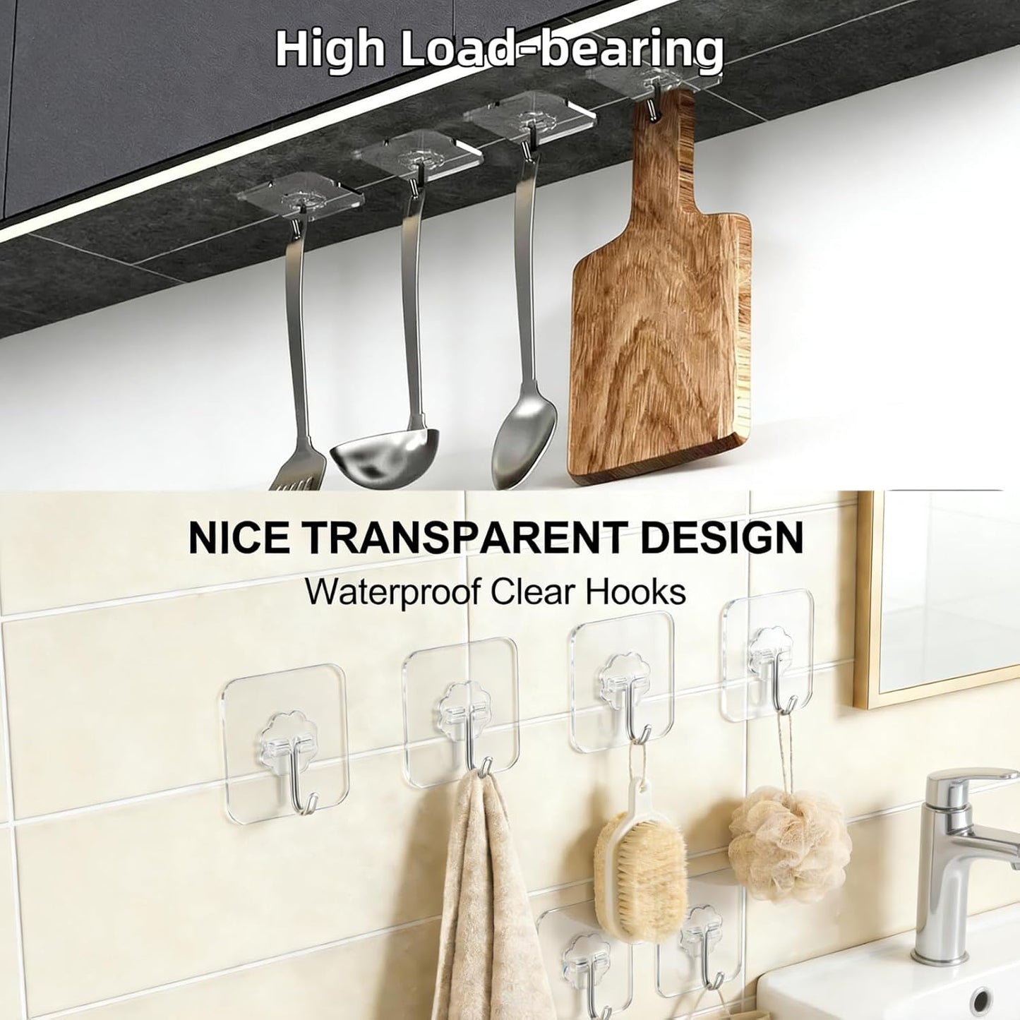 Adhesive Wall Hooks for Hanging Heavy Duty 50 lbs Large Hooks for Walls No Damage, Towel Sticky Clear Hook, Waterproof, Home, Bathroom, Kitchen, Office, and Outdoor 10 Pack