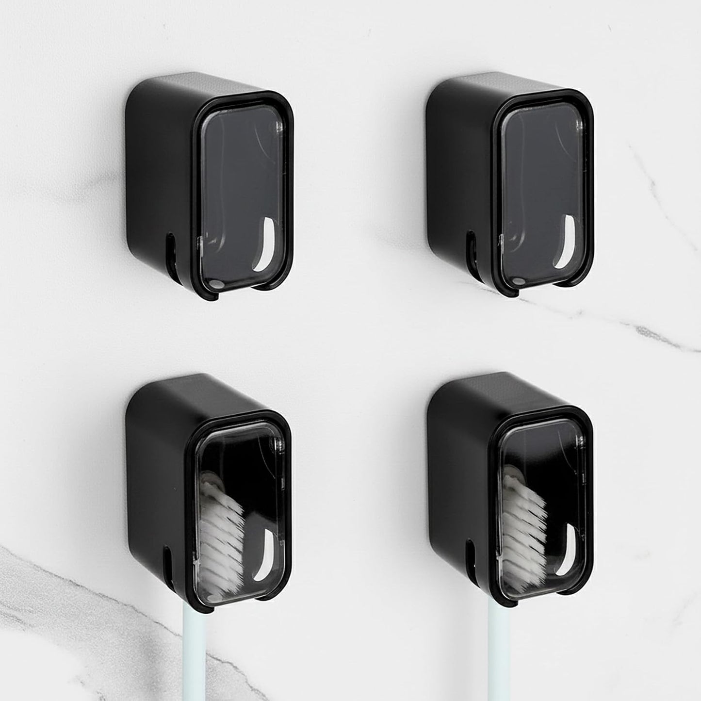 2 PCS Toothbrush Holder Wall Mounted with Cover for Bathroom, Self Adhesive Toothbrush Storage Organizer for Shower, Mini Toothbrush Hanger Rack for Dorm, Cabinet (Black)