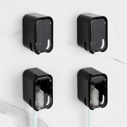 2 PCS Toothbrush Holder Wall Mounted with Cover for Bathroom, Self Adhesive Toothbrush Storage Organizer for Shower, Mini Toothbrush Hanger Rack for Dorm, Cabinet (Black)