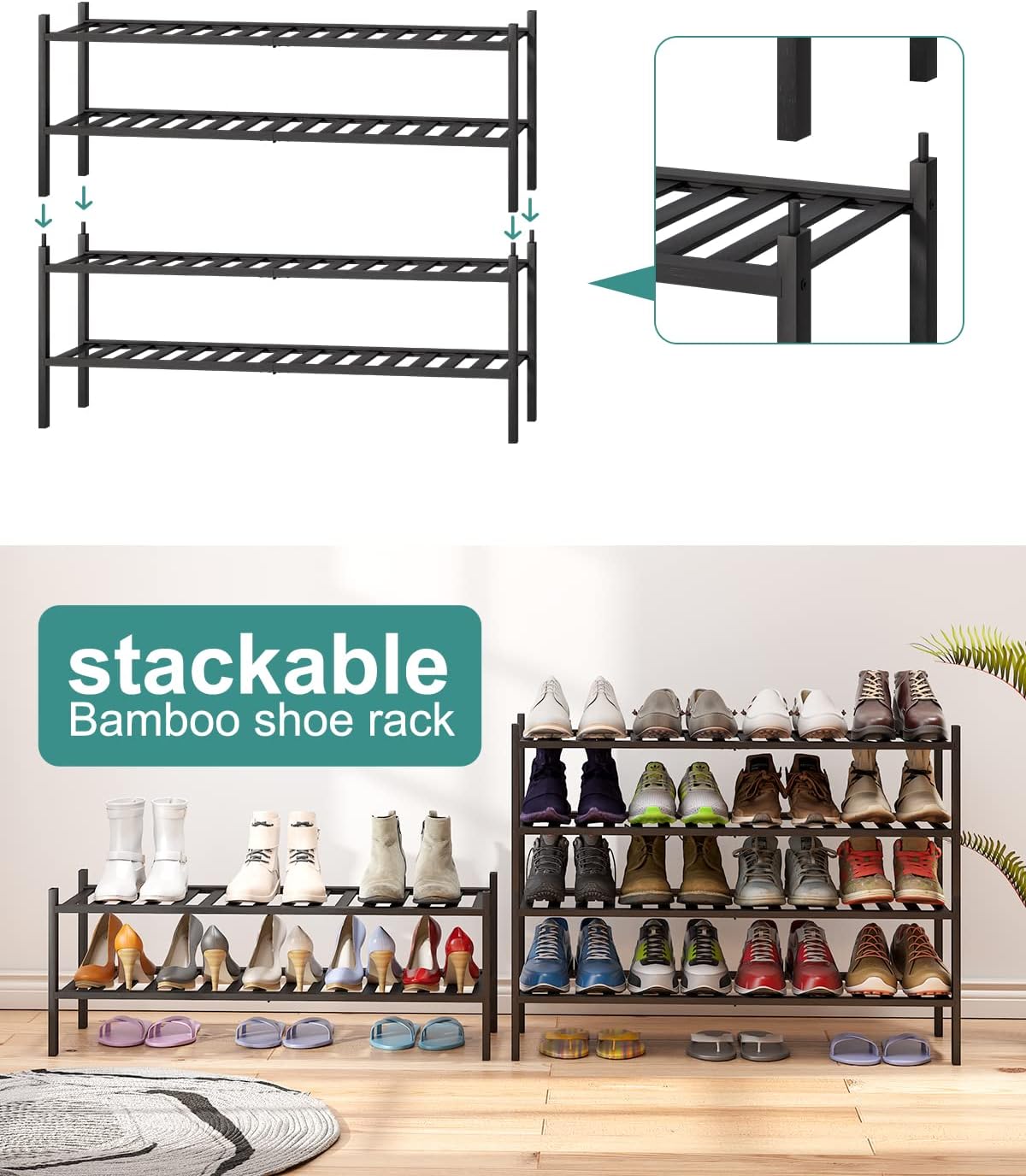 viewcare 3-Tier Black Bamboo Shoe Rack for Entryway, Stackable | Foldable | Natural, Shoe Shelf Storage Organizer for Hallway Closet, Free Standing Shoe Racks for Indoor Outdoor