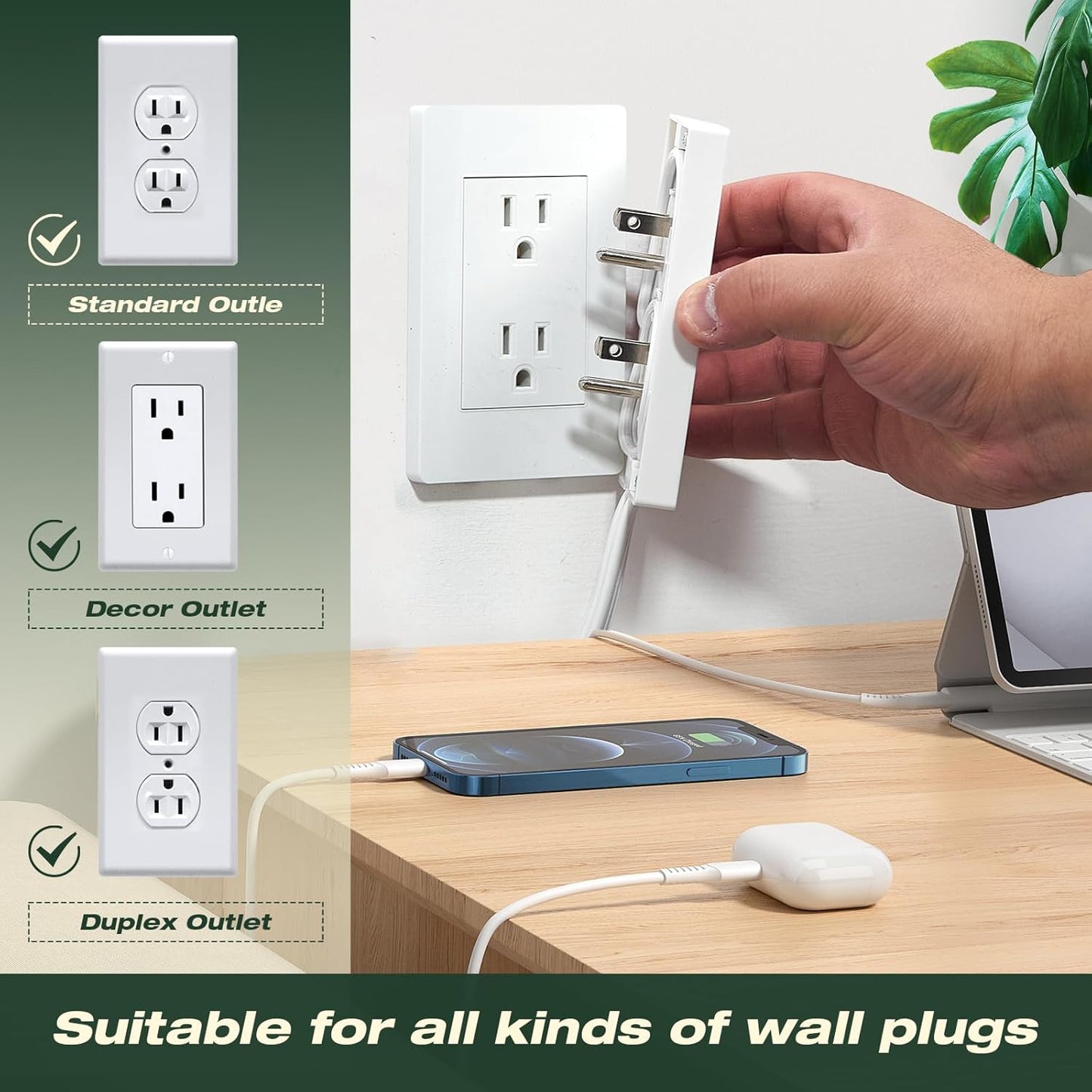 Saker Outlet Concealer Power Strip | 5ft Flat Plug Extension Cord with 3 Outlets,1625W | Universal Size Outlet Cover Baby Proofing | Cover Extension Cord for Kitchen, Home and Office