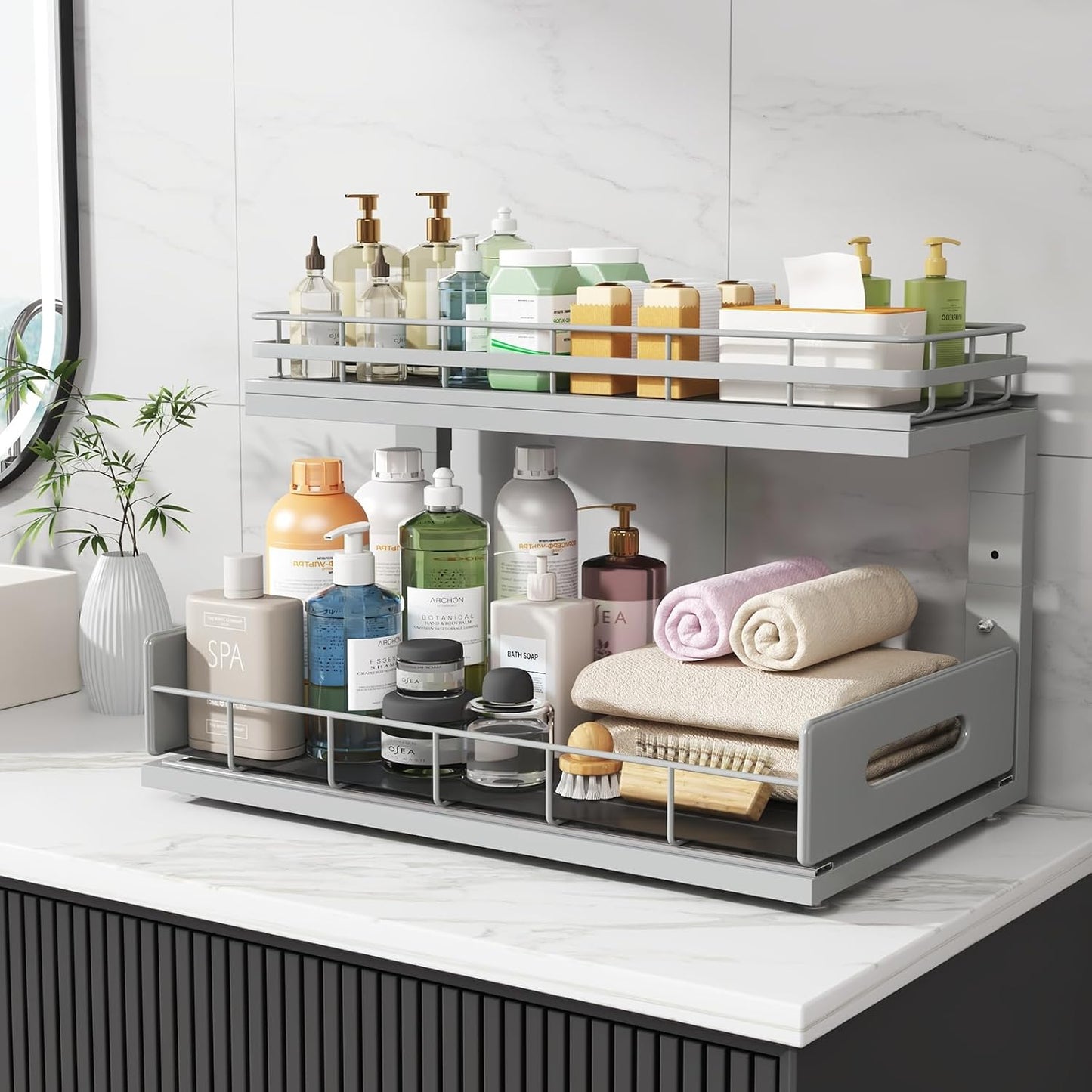 Under Sink Organizer Upgrade To Professional Rails,2-Tier Dual Pull Out Cabinet Storage,Height Adjustable Slide Out Drawers For Bathroom Kitchen,2 Pack-14.5" Dx12.8-16.9" H,White