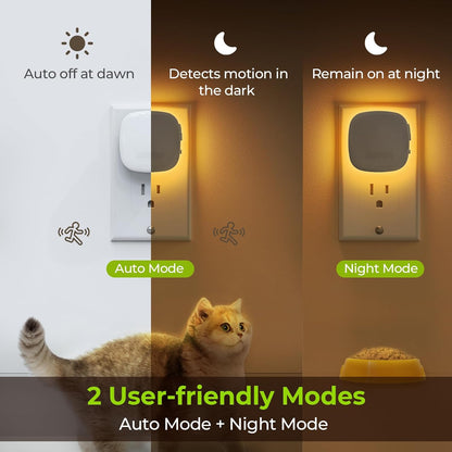 AUVON Plug-in LED Backlit Night Light with Motion Sensor & Dusk to Dawn Sensor, Dimmable Warm White Nightlight with 1-50 lm Adjustable Brightness for Bathroom, Bedroom, Hallway, Stairs (2 Pack)