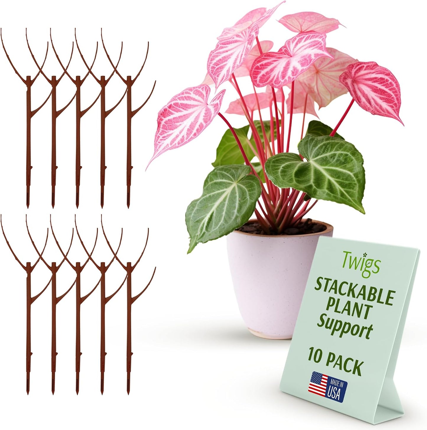 Twigs GA Stackable Plant Support Stakes, Moonstone, 3-Pack, 17" L | Made in USA, UV-Protected Sticks, Natural-Looking Stem Support Stakes, Stackable Poles for Indoor & Outdoor Plants up to 5ft