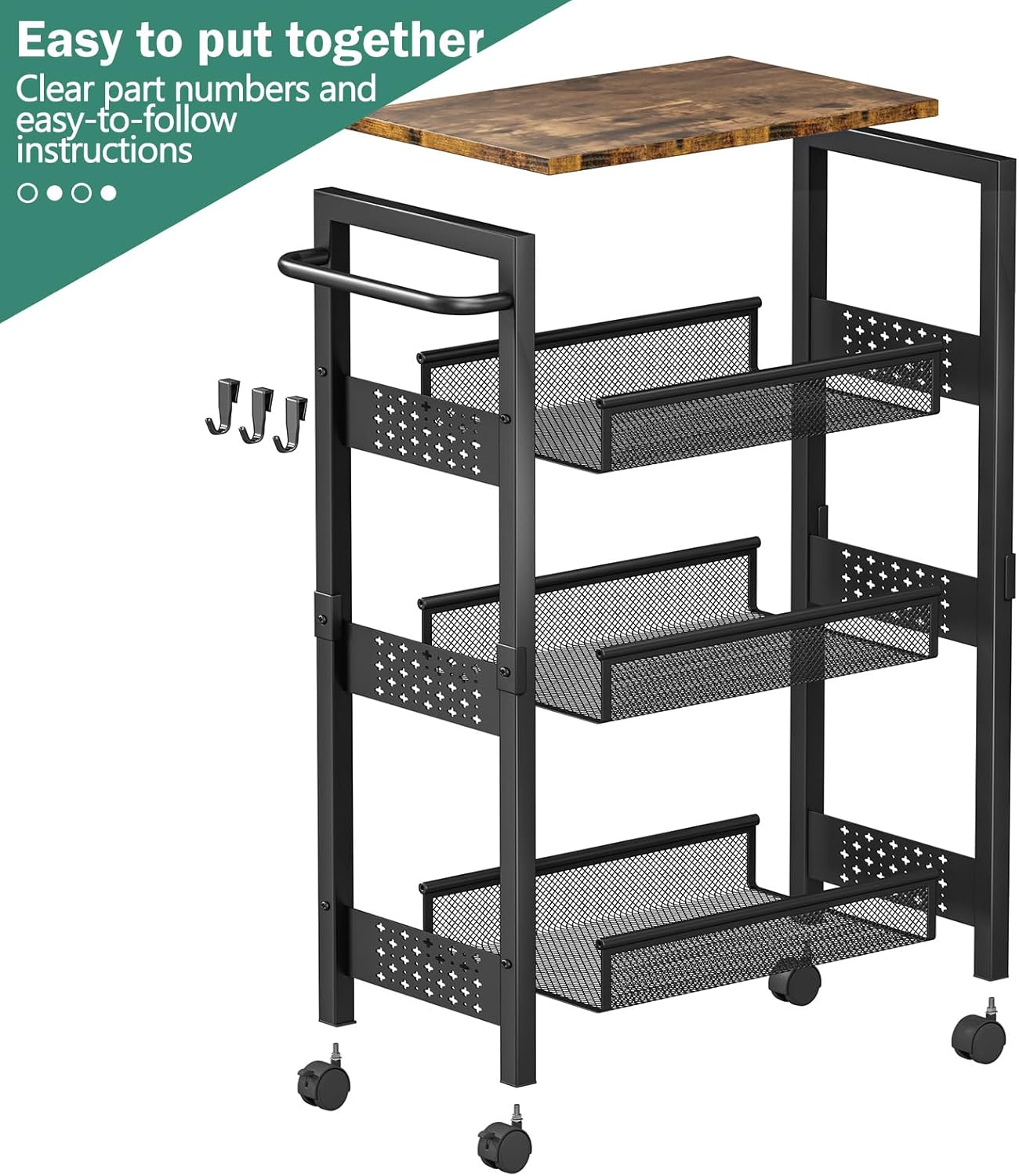 Vivihomety Utility Slim Storage Cart with Wheels, 4 Tier Small Rolling Cart with Wood Top, Metal Kitchen Bathroom Laundry Room Organization Trolley with Handle for Narrow Space – Black