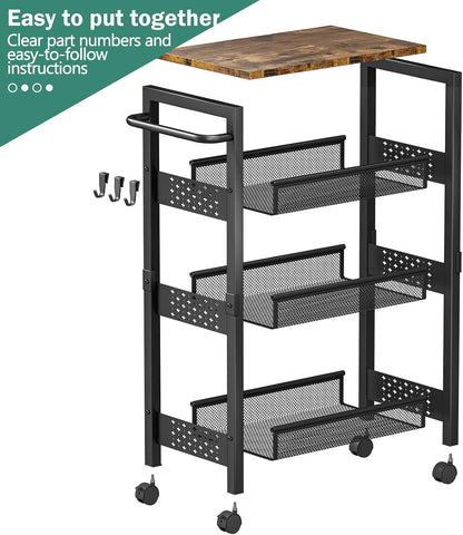 Vivihomety Utility Slim Storage Cart with Wheels, 4 Tier Small Rolling Cart with Wood Top, Metal Kitchen Bathroom Laundry Room Organization Trolley with Handle for Narrow Space – Black