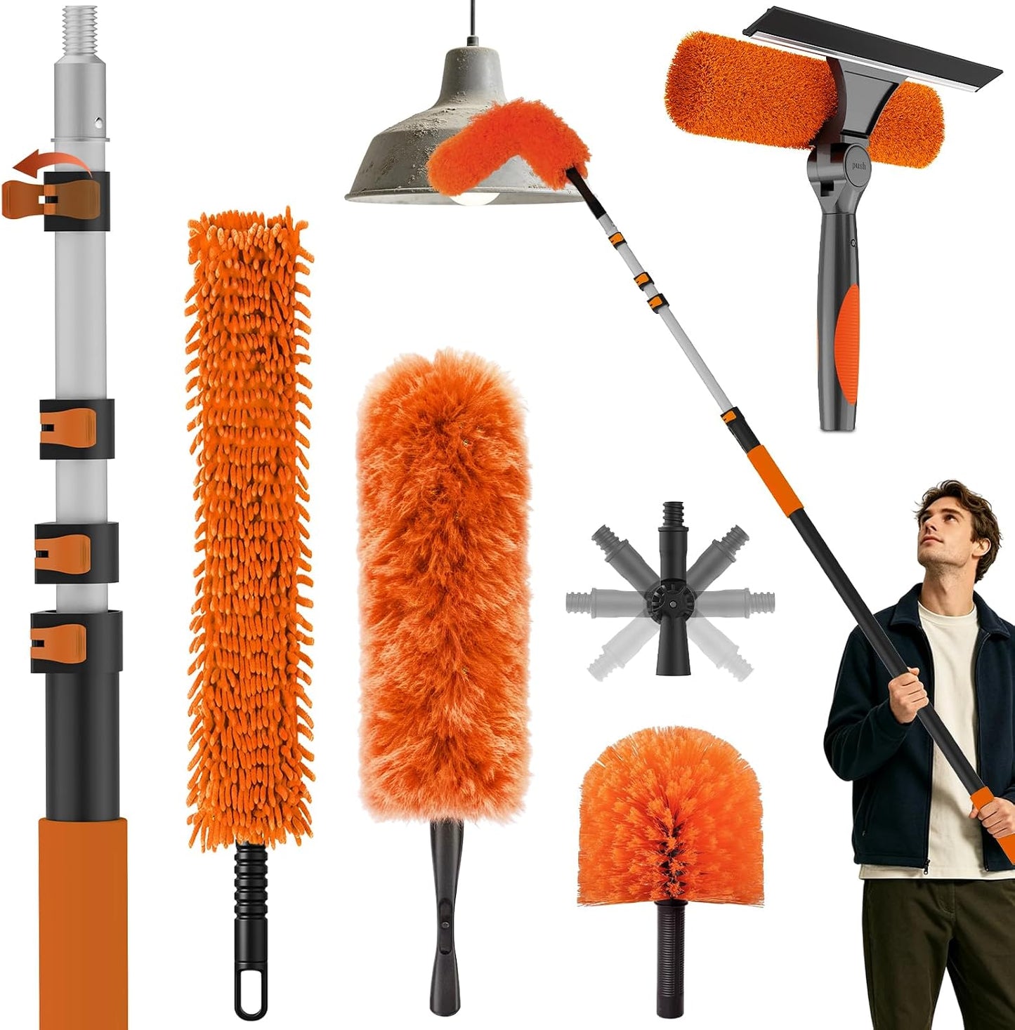 25FT Reach High Ceiling Duster Kits with 5-20FT Adjustable Pole - Includes Extra Long Duster, High Ceiling Duster, Rotatable Window Squeegee & Cobweb Duster for Ceiling Fans and Whole House Cleaning