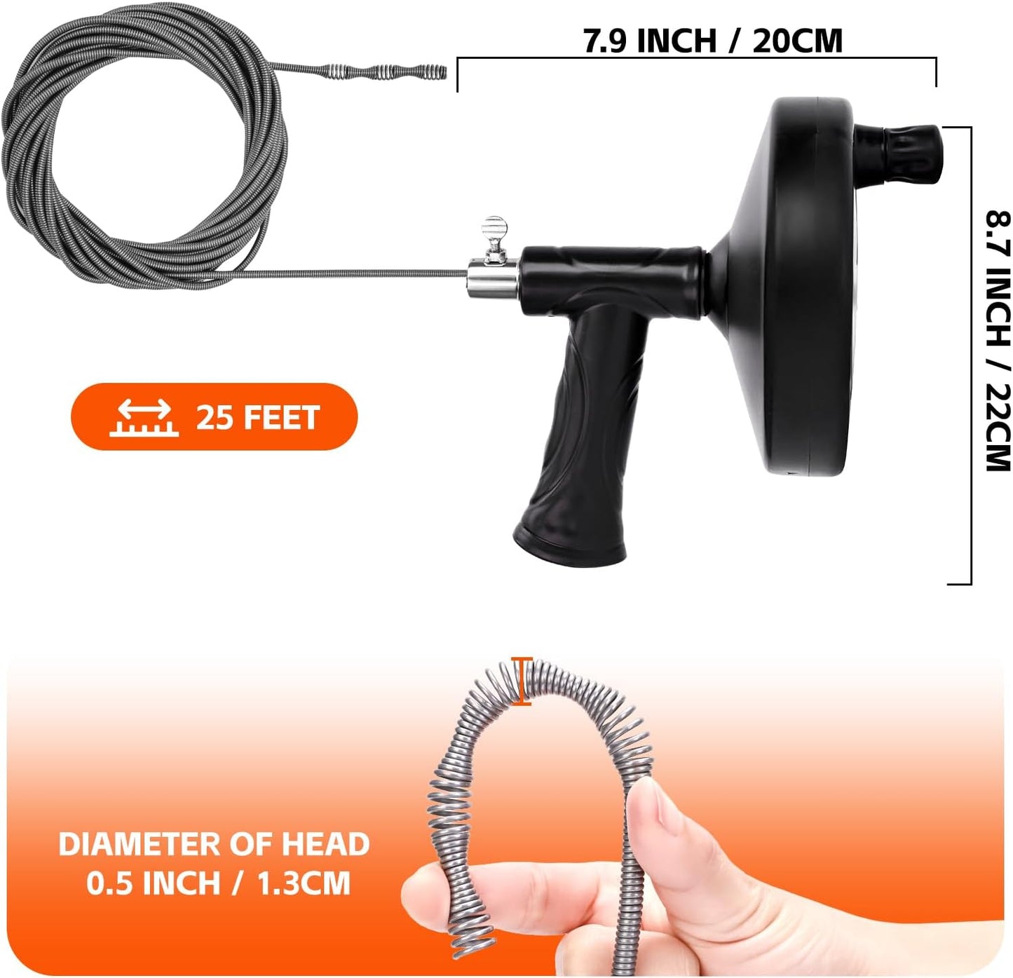 Drain Snake 25 Ft, Drain Auger Hair Clog Remover Heavy Duty Flexible Plumbing Snake Bathroom Kitchen Sink Cleaner Tools for Shower Bathtub Pipe