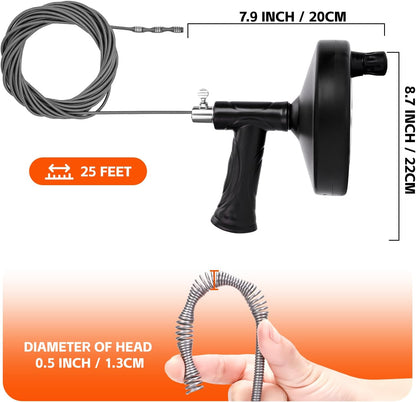 Drain Snake 25 Ft, Drain Auger Hair Clog Remover Heavy Duty Flexible Plumbing Snake Bathroom Kitchen Sink Cleaner Tools for Shower Bathtub Pipe