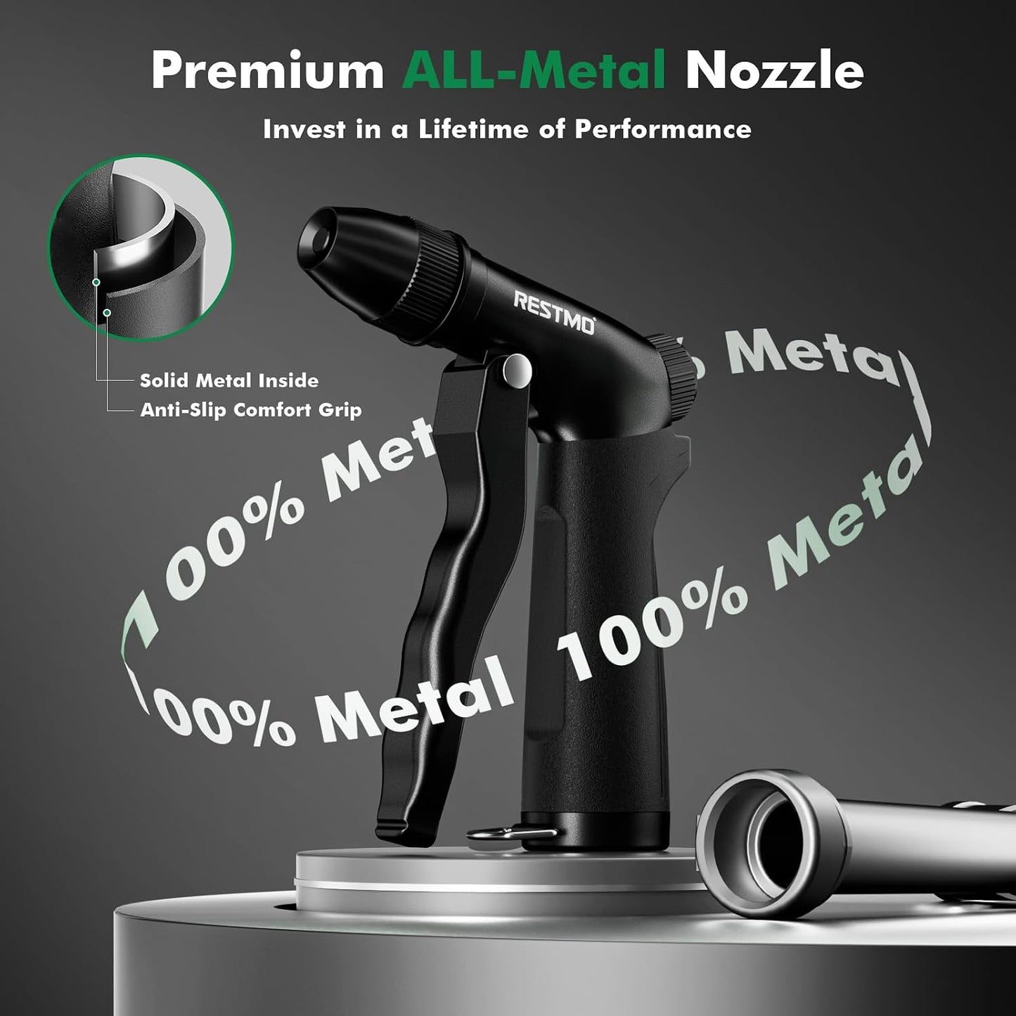 RESTMO Metal Water Hose Nozzle, Heavy Duty Garden Hose Sprayer for Outdoor | Adjustable Brass Spray Head, 4 Watering Patterns, Jet | Mist | Cone | Full, Leak-proof, Ideal for Lawn & Plant & Car, Green