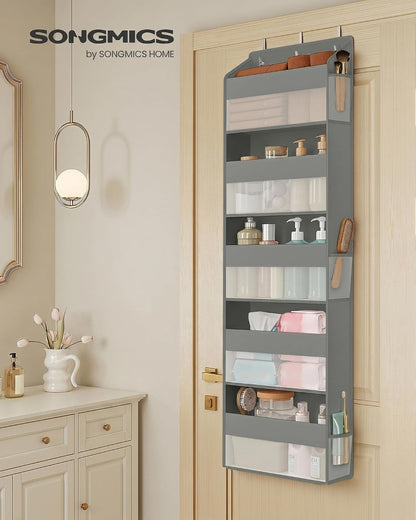 SONGMICS Over-the-Door Organizer, 5-Tier Door Hanging Storage Shelf, Heavy-Duty Closet Hanging Organizer Foldable, Transparent, Pockets, Metal Hooks, Ink Black URDH010BH01
