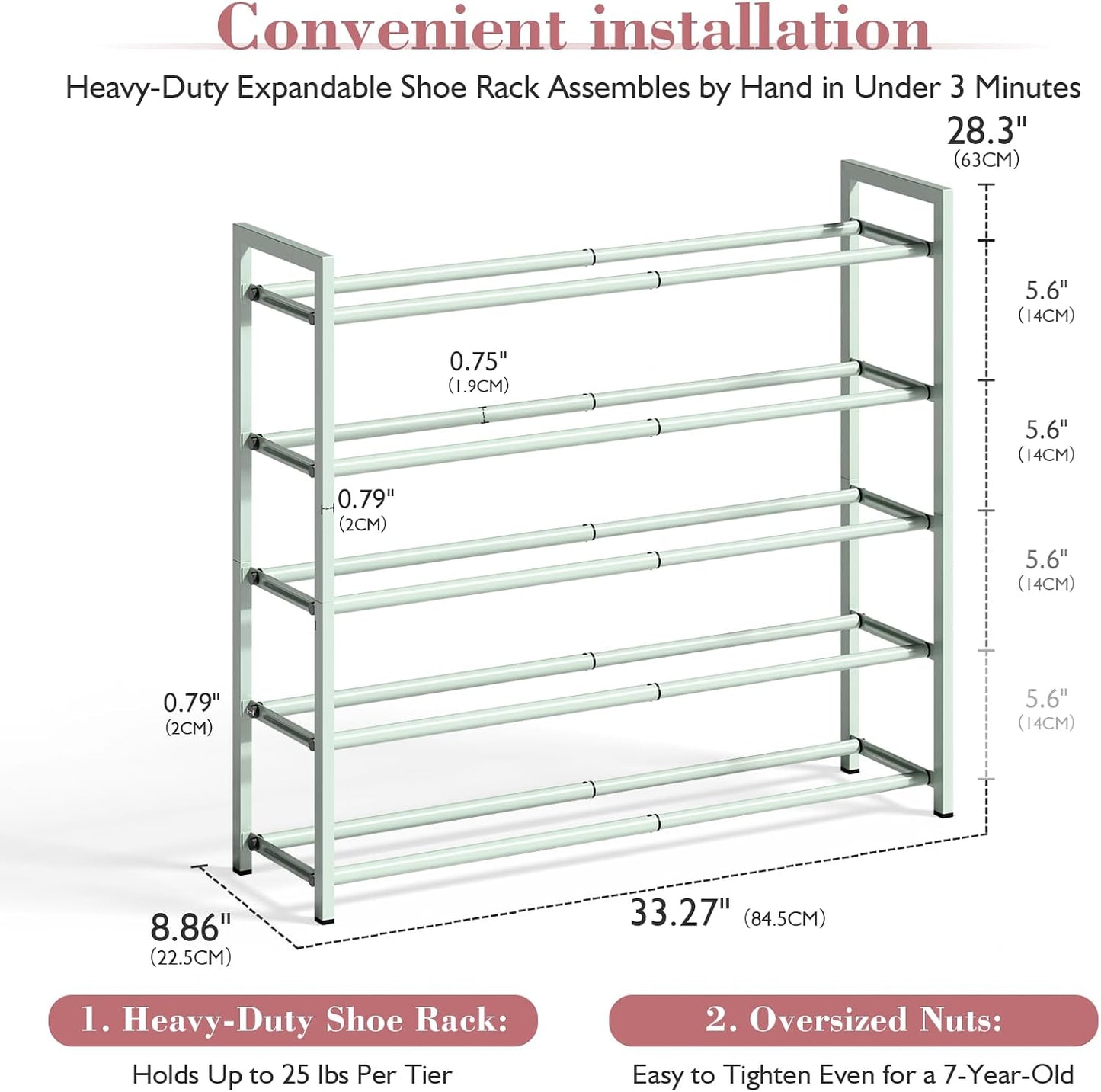 Bumusty 3-Tier Expandable Shoe Rack for Closet, 18“-33” Adjustable Shoe Rack for Small Space, Small Shoe Organizer for Front Door, Sturdy Metal, Black