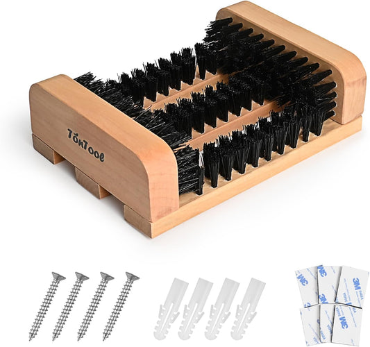 Wooden Boot Scraper Outdoor Heavy Duty Shoe Brush Cleaner for Muddy Boots, Dual Bristle Entryway Shoe Cleaner System for Home Entrance Garage Farm Snow Rain Durable Hardwood Base