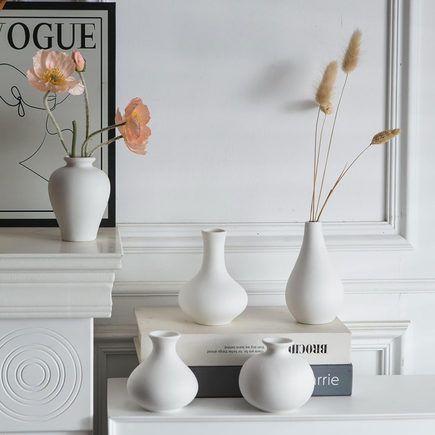 Tanvecle Small White Vases, Ceramic Bud Vase Set of 5, Mini Pottery Vases for Pampas Grass, Flowers, Decorative Vases for Home Modern Decor, Rustic Decor, Veses for Living Room Dining Table Shelves