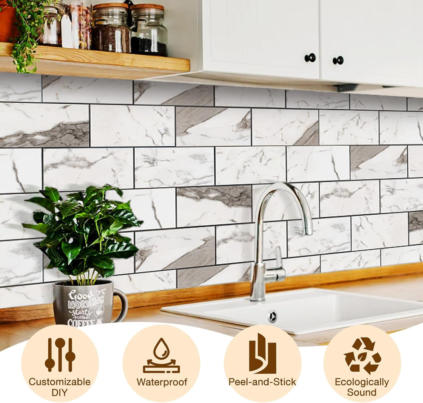 Havenly Peel and Stick Backsplash Tile for Kitchen & Bathroom Walls (White, 10 Tiles - 9.7 sq. ft. (0.9 m²))