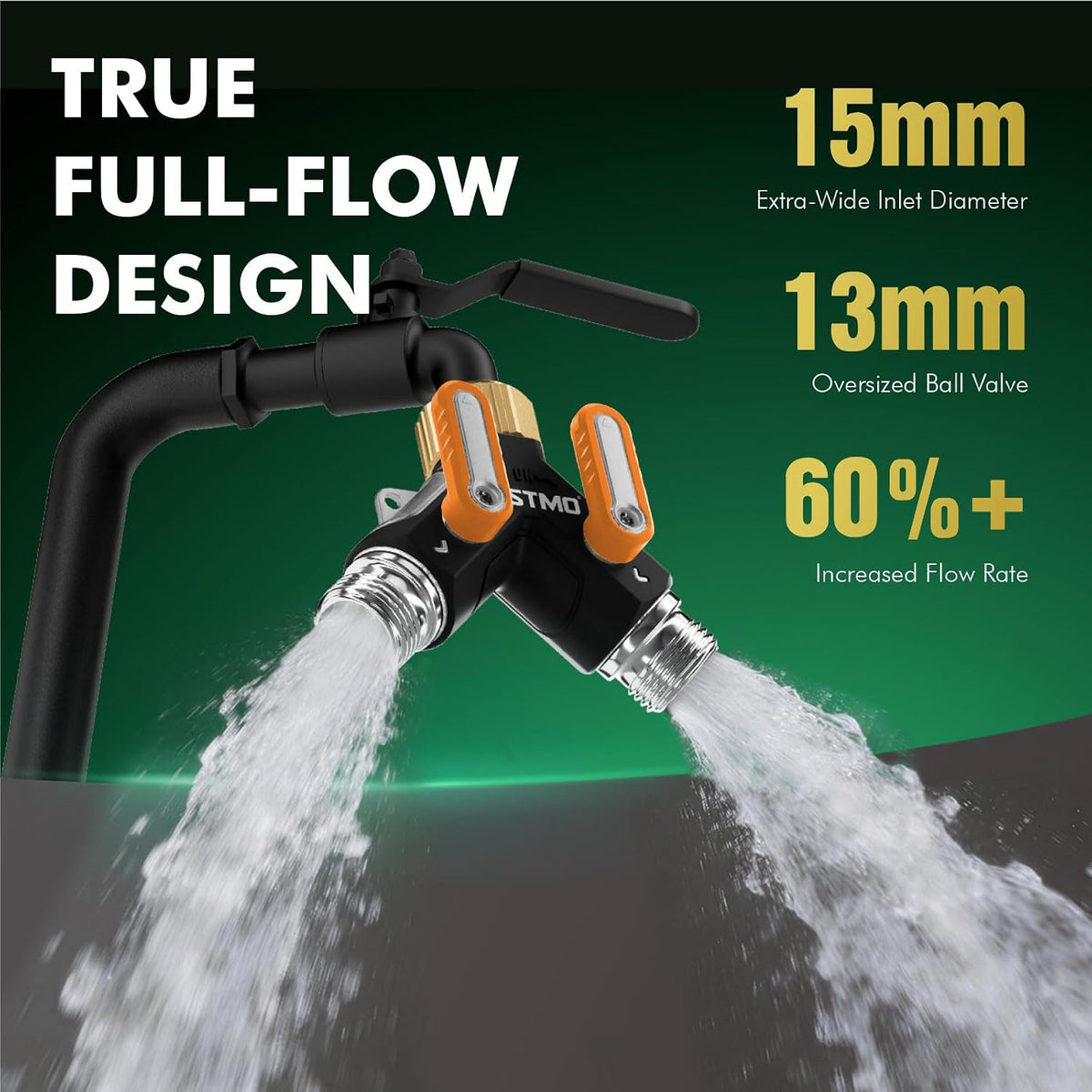 RESTMO 2 Way Garden Hose Splitter Heavy Duty Full Metal Body, Full Flow Design with Oversized Ball Valve, Y Outdoor Faucet Spigot Adapter with Extended Levers, 3/4" GHT Thread - Green 1 Pack