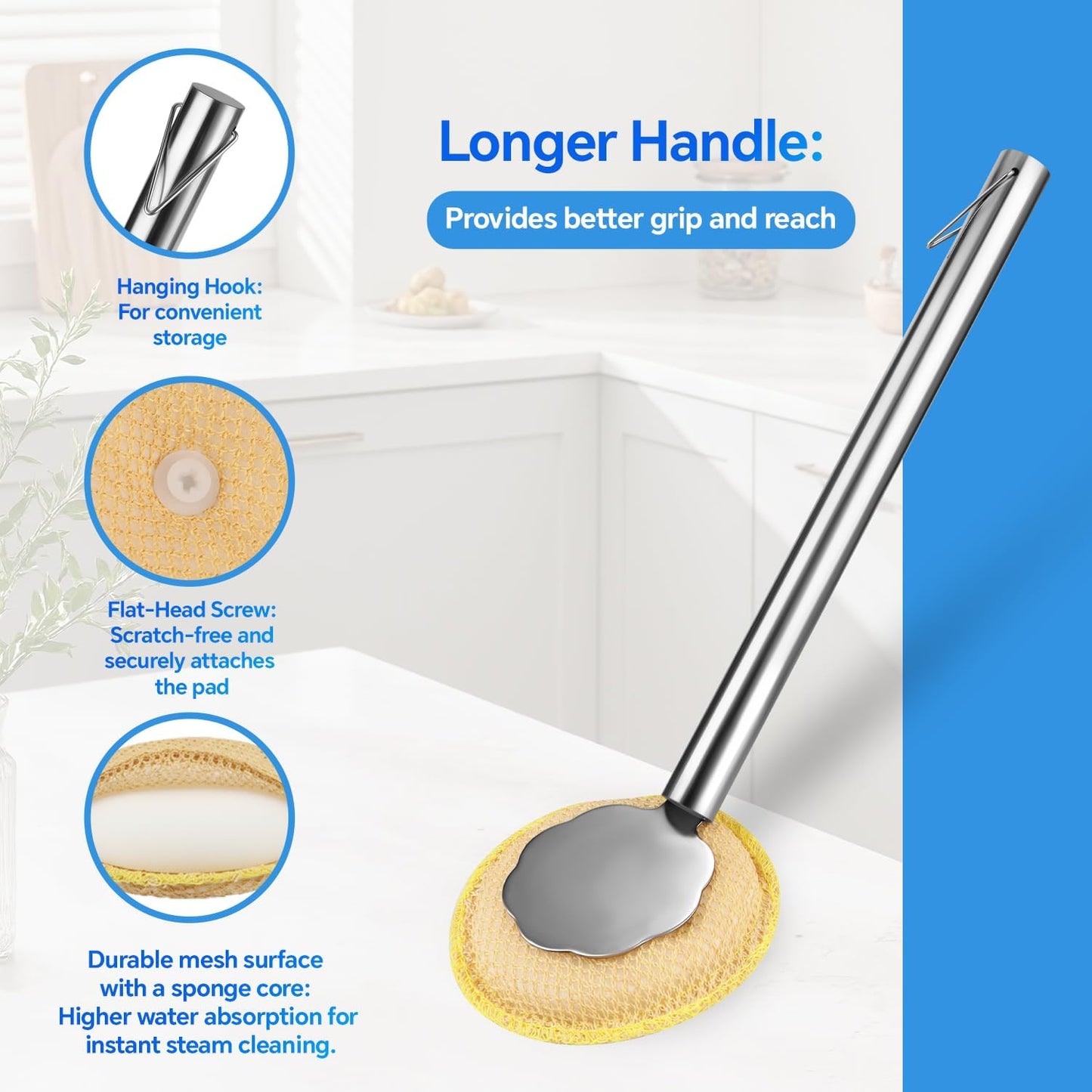 Kitchen Cleaning Brush with Handle, Non-Scratch Preserve Seasoning for Wok, Cast Iron Skillet, Pans, Oven Racks, Air Fryer, Jars - Stainless Steel Handle