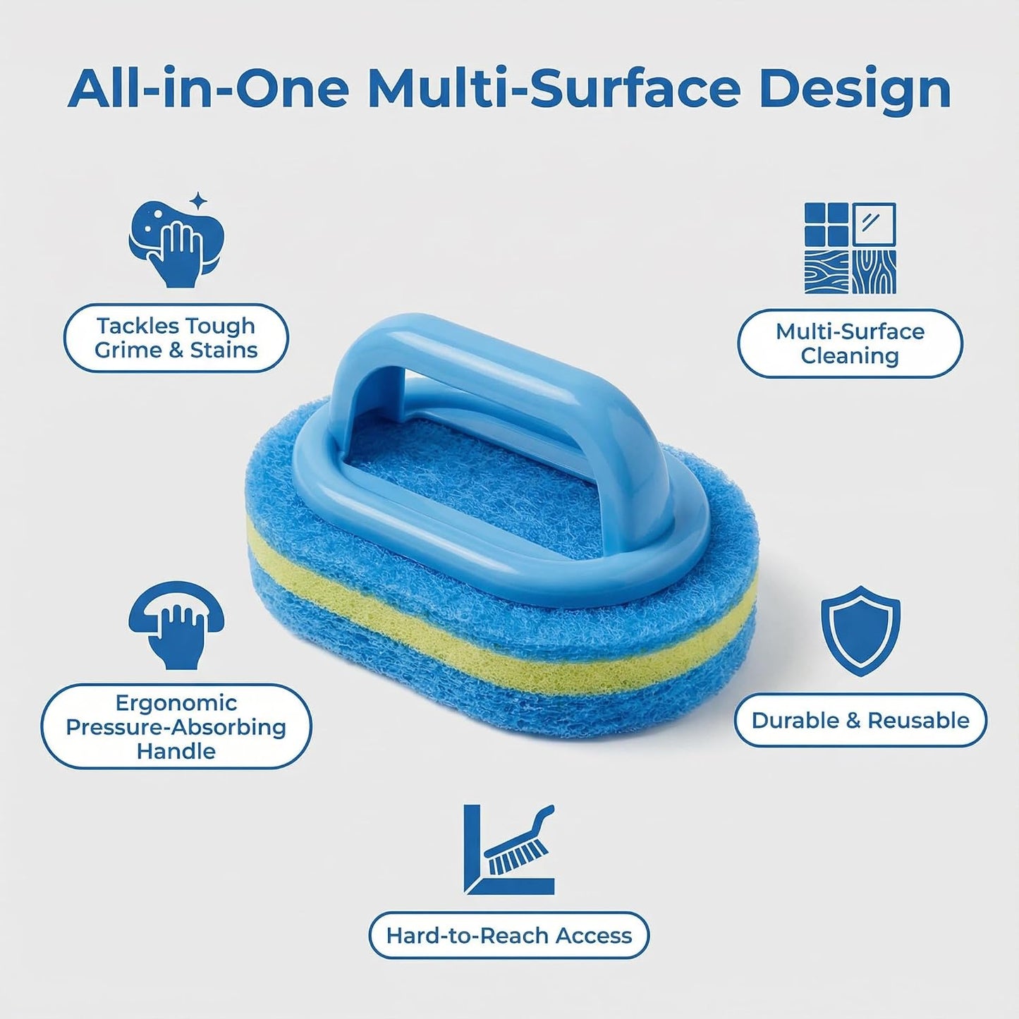 Heavy-Duty Cleaning Brush with Ergonomic Handle - Stiff Sponge Scrubber for Bathroom Shower Tile, Kitchen Sink, Toilet & Bathtub - Reusable Crevice Tool with Hanging Hole, Multi-Surface Scrub Brush