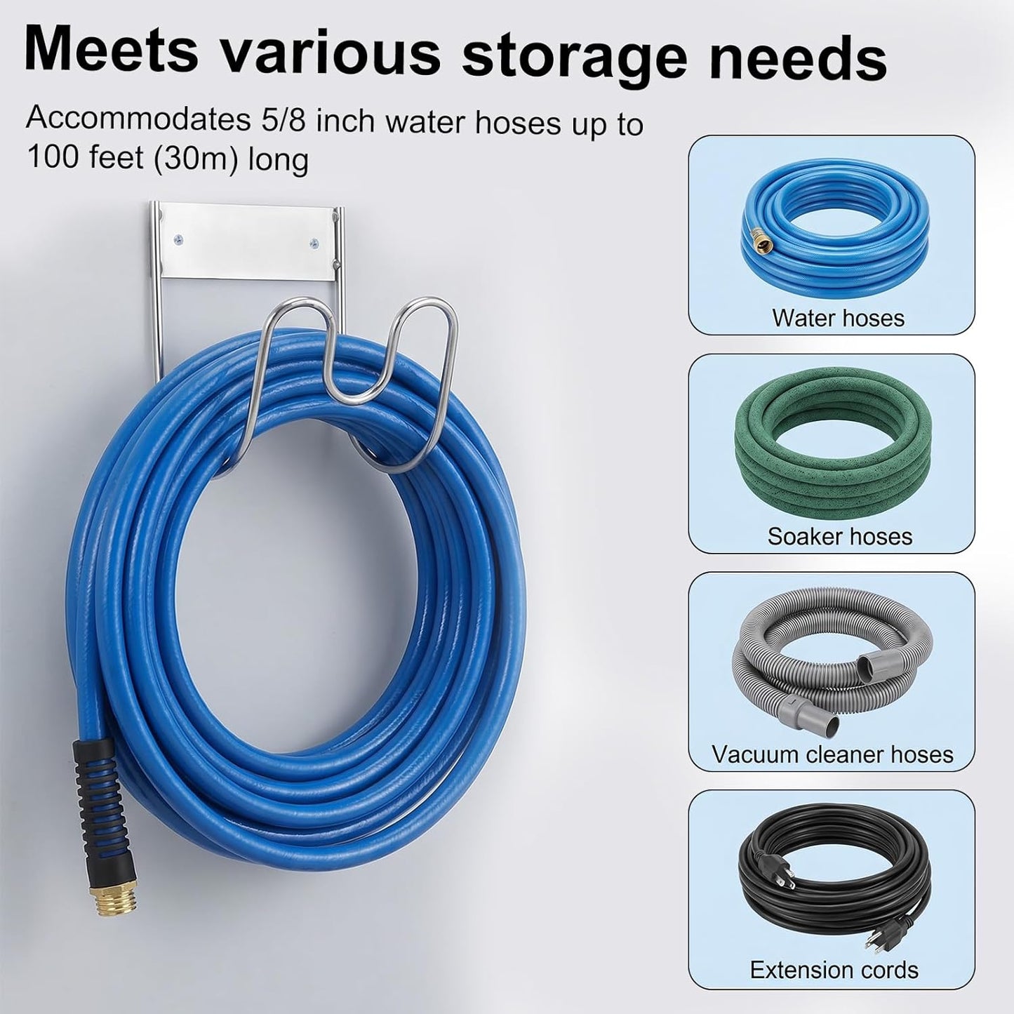 Stainless Steel Garden Hose Holder Wall Mount, Outside Metal Water Hose Reel Hanger Heavy Duty Hook Rack for Extension Cords Vacuum Lines Outdoor Garden Pipe Storage Organization