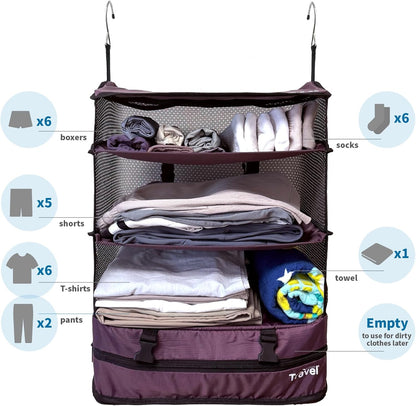 Grand Fusion Stow-N-Go Hanging Travel Shelves, Packing Organizer for Luggage. Carry on Closet for Suitcase. Expandable Packing Cube. Travel Essentials. (Black - L, L = (L) 11.8" x (W) 11.8")