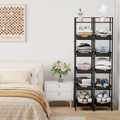 6 Tier Slim Storage Cart with Pull-Out Baskets Rolling Cart with Wheels Wood Top Narrow Utility Cart Metal Shelving Units for Pantry Laundry Room Bathroom Kitchen White 8in(W)