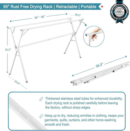 JAUREE 95 Inches Clothes Drying Rack, Drying Rack Clothing Folding Indoor Outdoor, Heavy Duty Stainless Steel Laundry Rack, Foldable Portable Large Clothes Rack Garment Rack with 20 Windproof Hooks