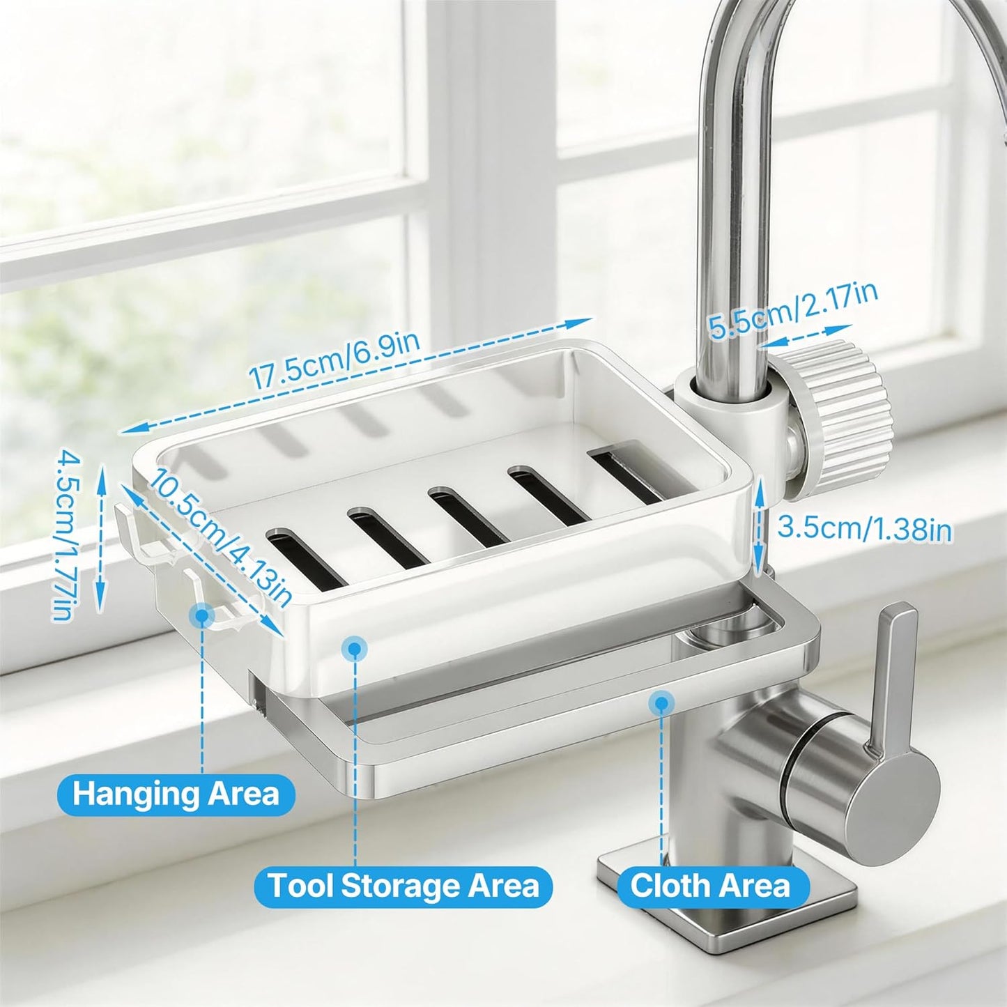 Sink Caddy Kitchen Sink Organizer, 360° Rotating Faucet Sponge Holder for Kitchen Sink with Pull-Out Drain Tray 3 Compartments Hanging Sink Caddy for Sponge Dish Brush Cloth,White